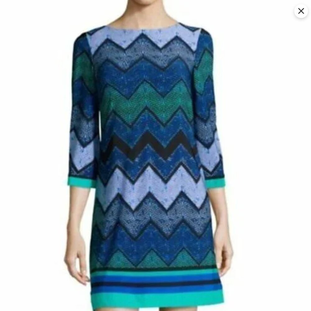 Eliza J Green and Blue Dotted Chevron Shift Dress Full Back Zipper Size 8